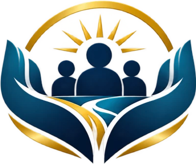 Victims Defense Group emblem: hands holding a family beneath a rising sun